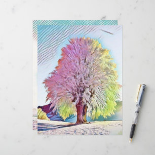 Modern watercolor of colored snowed trees