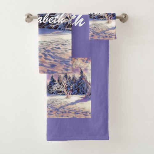 Modern watercolor of colored snowed trees bath towel set
