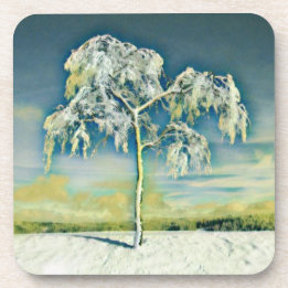 Modern watercolor of colored snowed trees beverage coaster