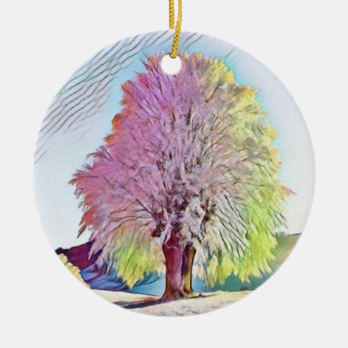 Modern watercolor of colored snowed trees ceramic ornament