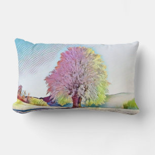 Modern watercolor of colored snowed trees lumbar pillow