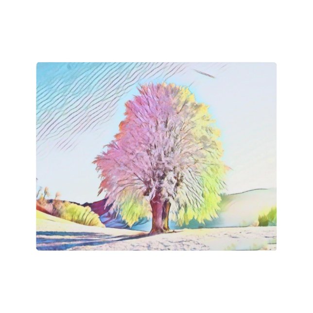 Modern watercolor of colored snowed trees metal print (Front)