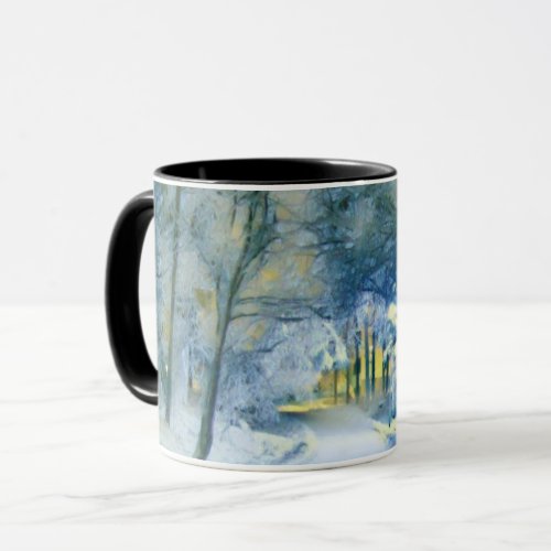 Modern watercolor of colored snowed trees mug