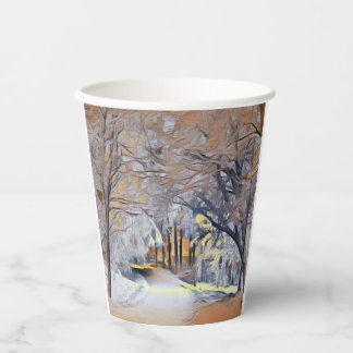 Modern watercolor of colored snowed trees paper cups