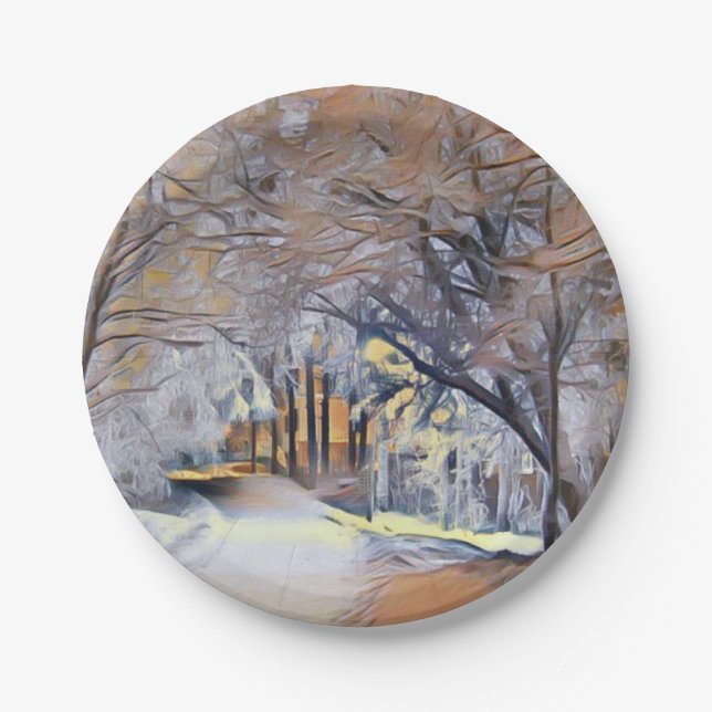 Modern watercolor of colored snowed trees paper plates (Front)