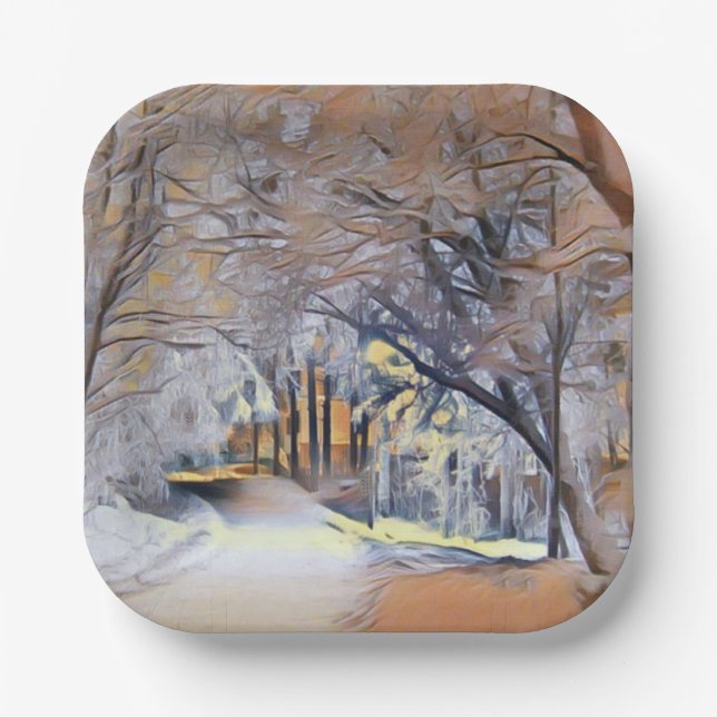 Modern watercolor of colored snowed trees paper plates (Front)