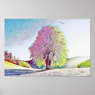 Modern watercolor of colored snowed trees poster