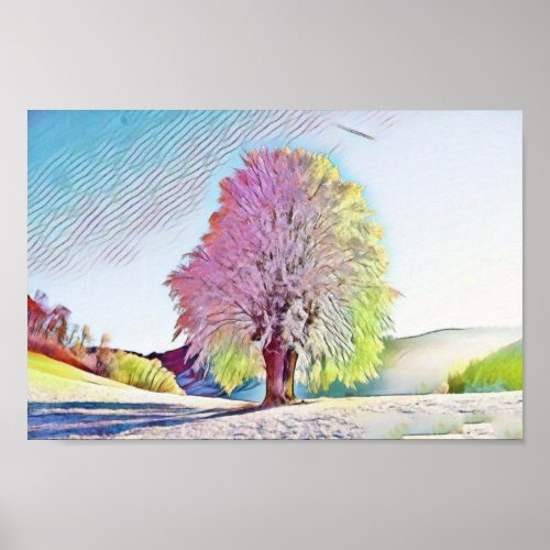 Modern watercolor of colored snowed trees poster