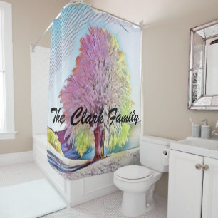 Modern watercolor of colored snowed trees shower curtain