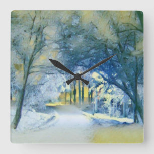 Modern watercolor of colored snowed trees square wall clock