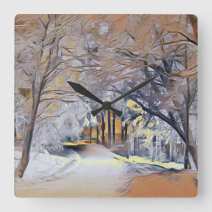 Modern watercolor of colored snowed trees square wall clock