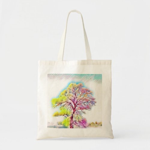 Modern watercolor of colored snowed trees tote bag