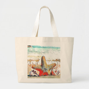 Modern Watercolor of Orange Seashells on Beach Large Tote Bag
