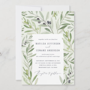 Modern watercolor olive branch foliage sage green announcement