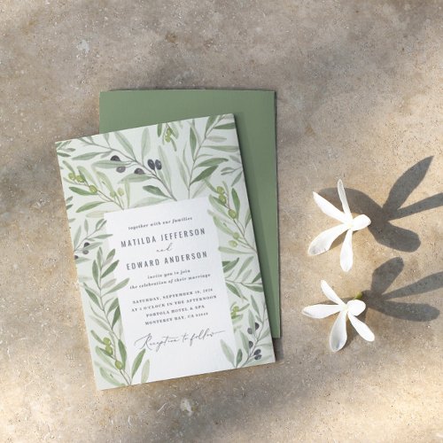 Modern watercolor olive branch foliage wedding announcement