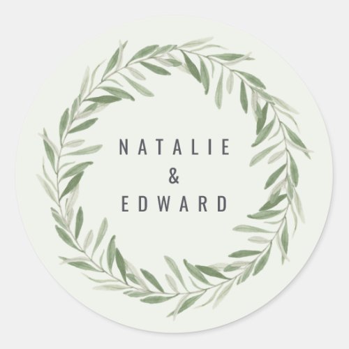 Modern watercolor olive branch foliage wedding classic round sticker