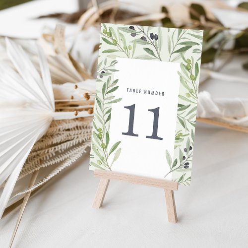 Modern watercolor olive branch foliage wedding table number