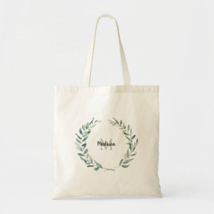 Modern watercolor olive branch monogram name tote bag