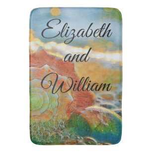 Modern Watercolor Orange and Green Seashell Bath Mat