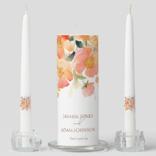 Modern Watercolor Orange Peach Floral Wedding Unity Candle Set