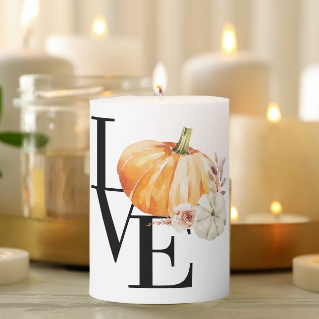 Modern Watercolor Orange Pumpkin With Love Pillar Candle (Creator Uploaded)