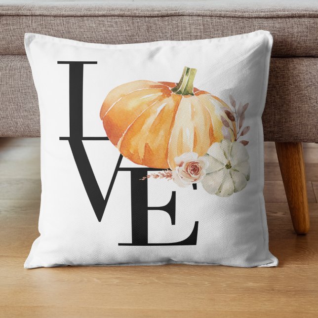 Modern Watercolor Orange Pumpkin With Love Throw Pillow (Creator Uploaded)