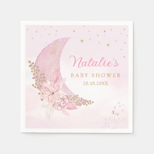 Modern Watercolor Over The Moon Baby Girl Shower Napkins
