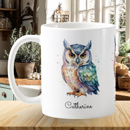 Modern Watercolor Owl Custom Name Coffee Mug