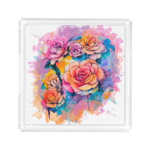 Modern Watercolor Paint Daubs Roses Bouquet Acrylic Tray