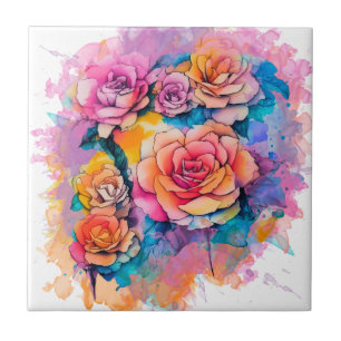 Modern Watercolor Paint Daubs Roses Bouquet Ceramic Tile