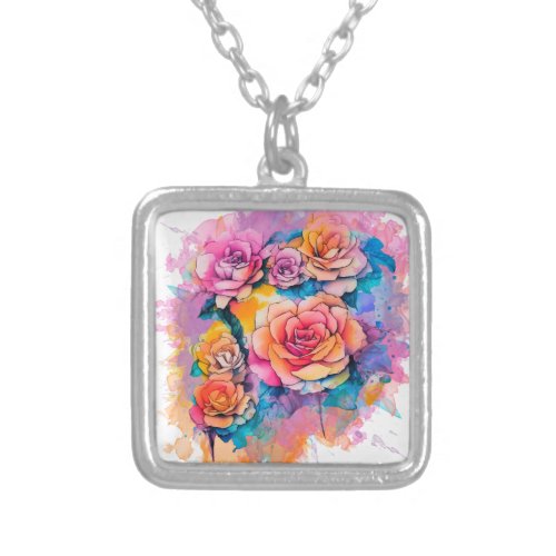 Modern Watercolor Paint Daubs Roses Bouquet Silver Plated Necklace