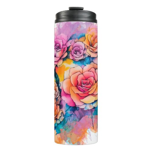 Modern Watercolor Paint Daubs Roses Bouquet Thermal Tumbler