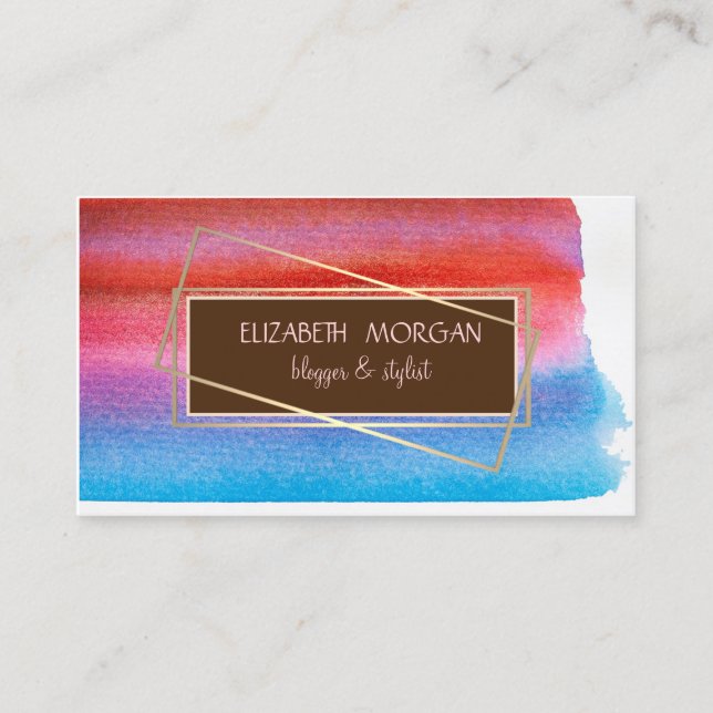Modern Watercolor Paint  Splash, Gold Frame Business Card (Front)