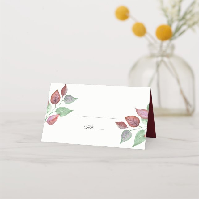 Modern Watercolor Painted Burgundy Foliage Wedding Place Card (Front)