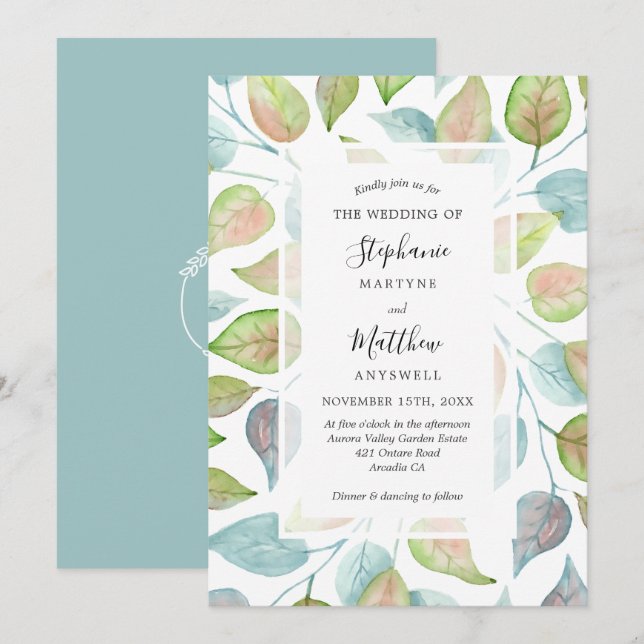 Modern Watercolor Painted Leaves Foliage Wedding Invitation (Front/Back)