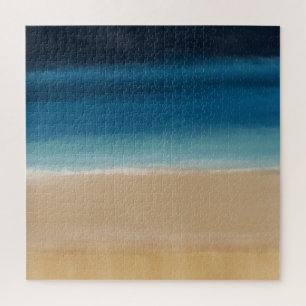 Modern Watercolor Painting Gold Blue Beach Jigsaw Puzzle