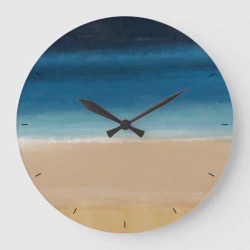 Modern Watercolor Painting Gold Blue Beach Large Clock