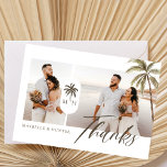 Modern Watercolor Palm Tree Monogram Wedding Photo Thank You Card<br><div class="desc">Thank your wedding guests with our modern and minimal two-photo wedding thank you card. The design features a two-photo layout on the front with "Thanks" displayed in a modern script. Modern arch palm tree monogram design to customize with couple's monogram. The reverse side features our hand-painted watercolor palm tree with...</div>