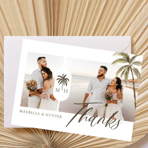 Modern Watercolor Palm Tree Monogram Wedding Photo Thank You Card