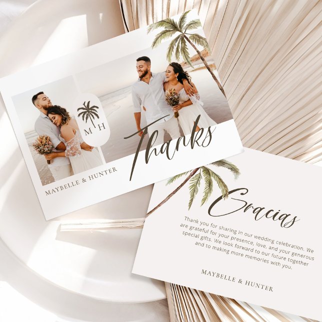 Modern Watercolor Palm Tree Monogram Wedding Photo Thank You Card (Modern Watercolor Palm Tree Monogram Wedding Photo Thank You Card)