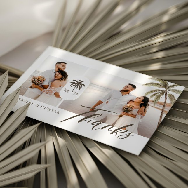 Modern Watercolor Palm Tree Monogram Wedding Photo Thank You Card (Modern Watercolor Palm Tree Monogram Wedding Photo Thank You Card (Front))