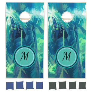 Modern Watercolor Palm Tree Tropical Monogram   Cornhole Set
