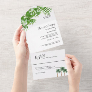 Modern Watercolor Palm Tree Wedding All In One Invitation