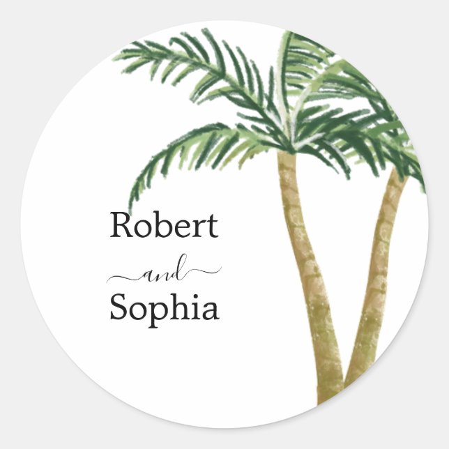 Modern Watercolor Palm Tree Wedding Classic Round Sticker (Front)