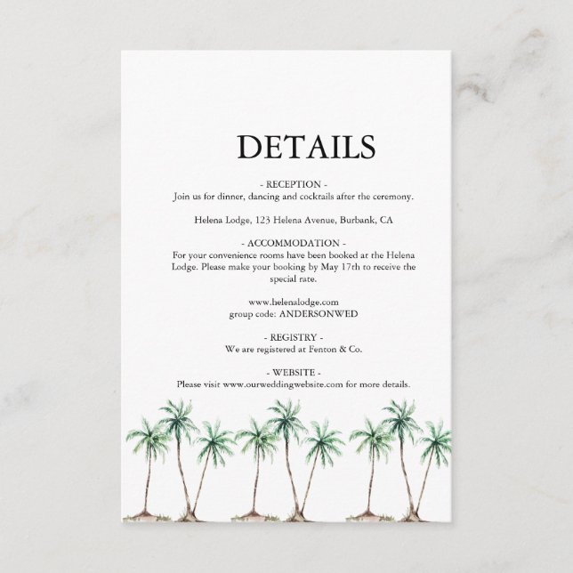 Modern Watercolor Palm Tree Wedding Enclosure Card (Front)