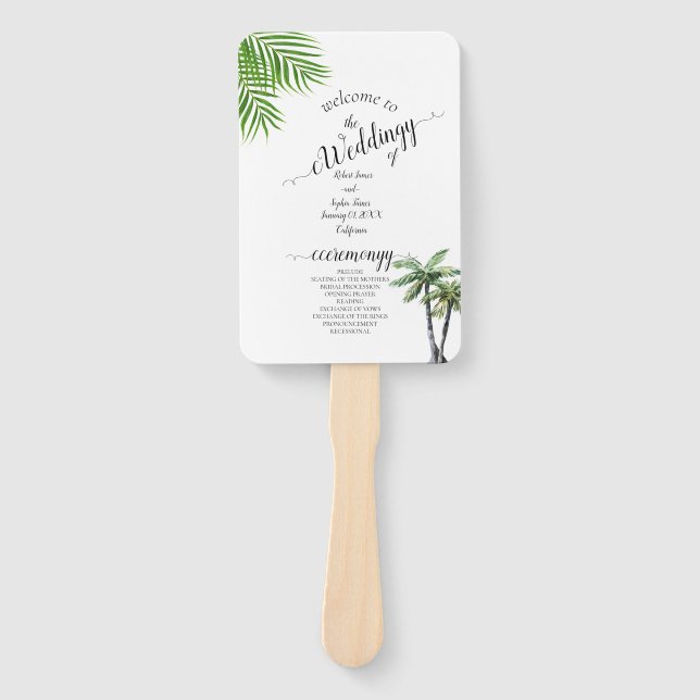 Modern Watercolor Palm Tree Wedding  Hand Fan (Front)