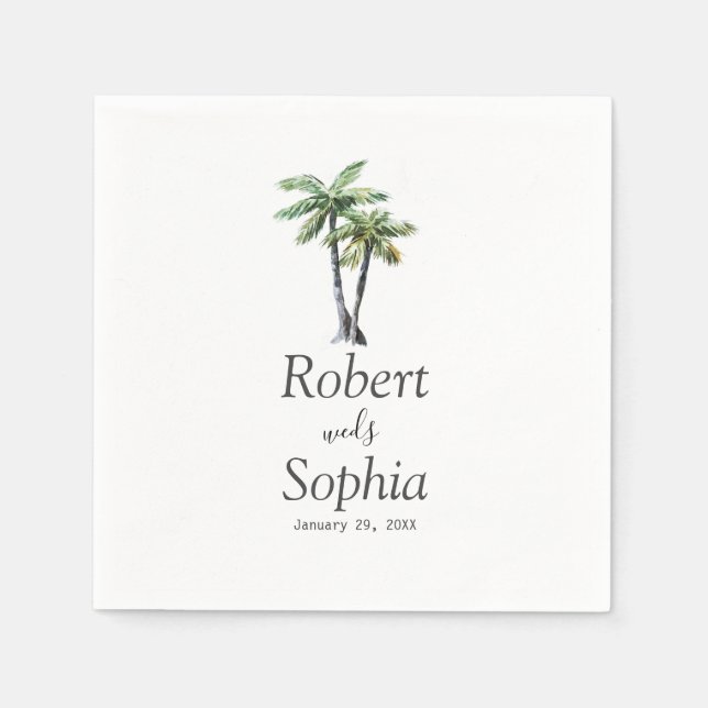 Modern Watercolor Palm Tree Wedding Napkins (Front)