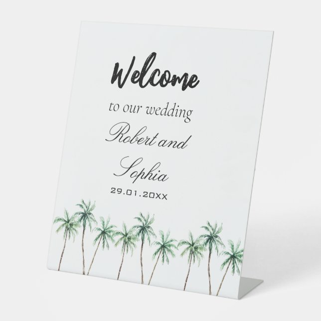 Modern Watercolor Palm Tree wedding Pedestal Sign (Front)