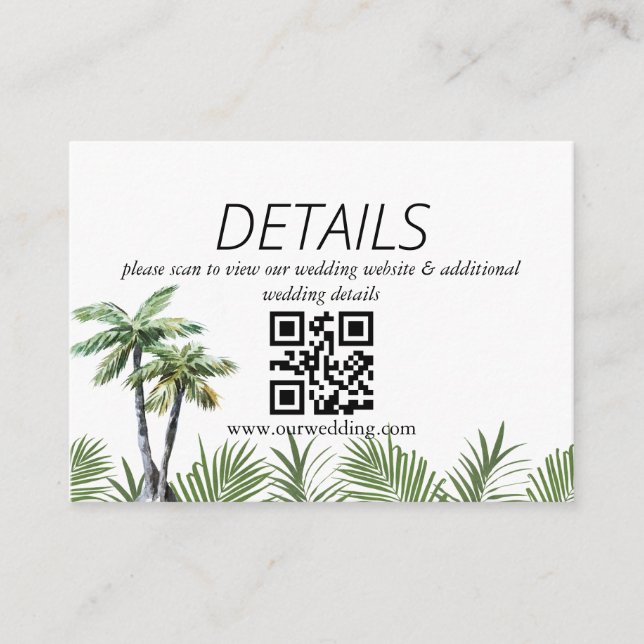 Modern Watercolor Palm Tree Wedding QR Code Enclosure Card (Front)