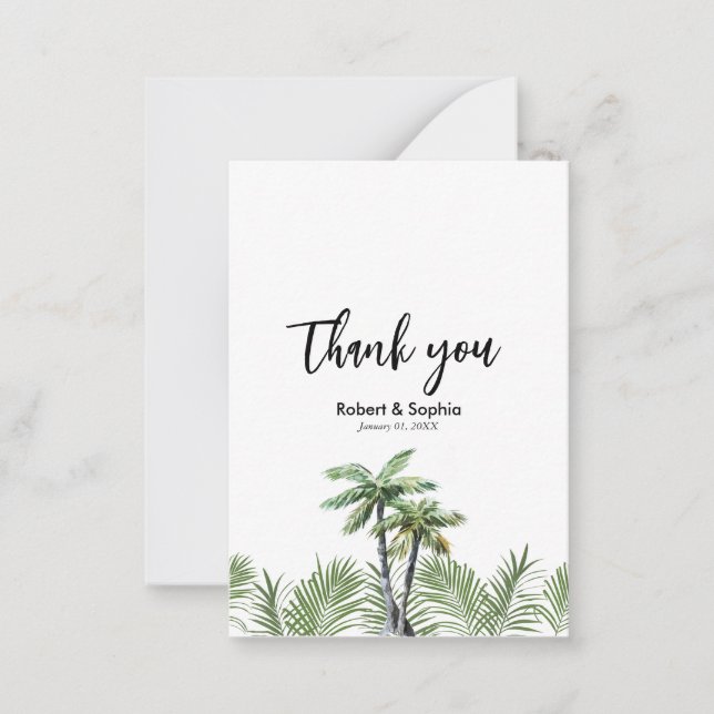 Modern Watercolor Palm Tree Wedding Thank you Note Card (Front)